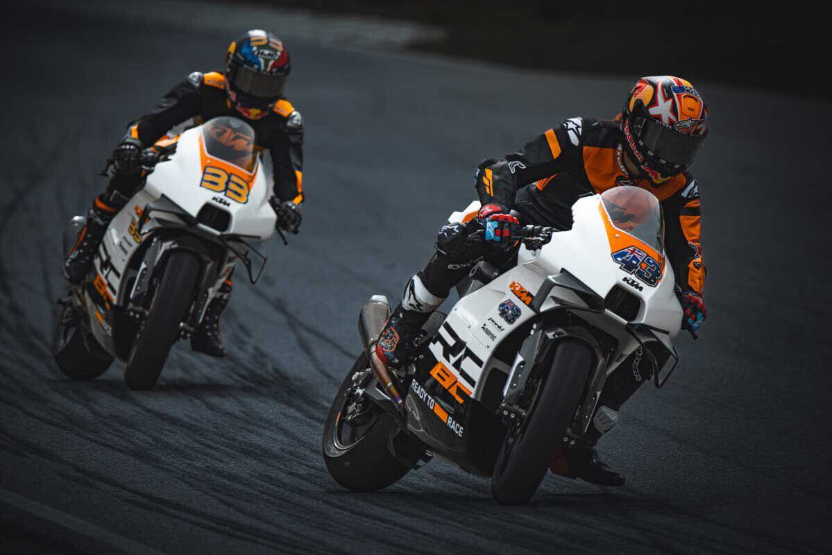 Red Bull KTM MotoGP stars Jack Miller and Brad Binder put the RC 8C through its paces.