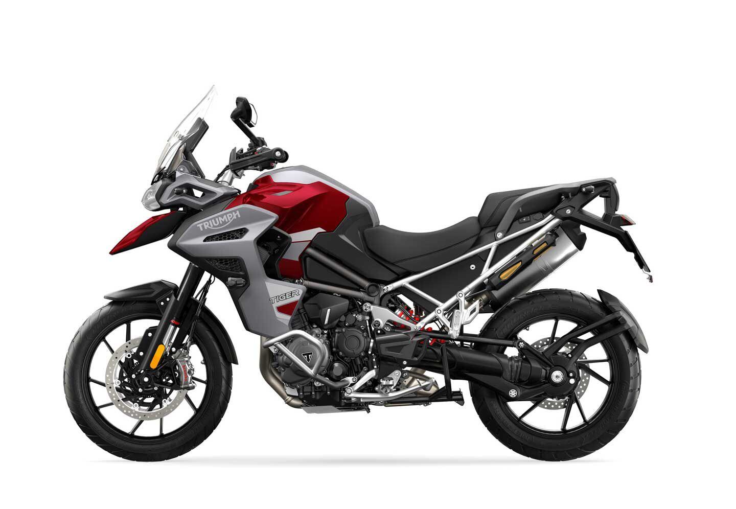 The 2024 Tiger 1200 GT Explorer still rolls on 19-inch front and 18-inch rear aluminum wheels, but now has the Active Preload Reduction feature as standard, along with an updated clutch design.