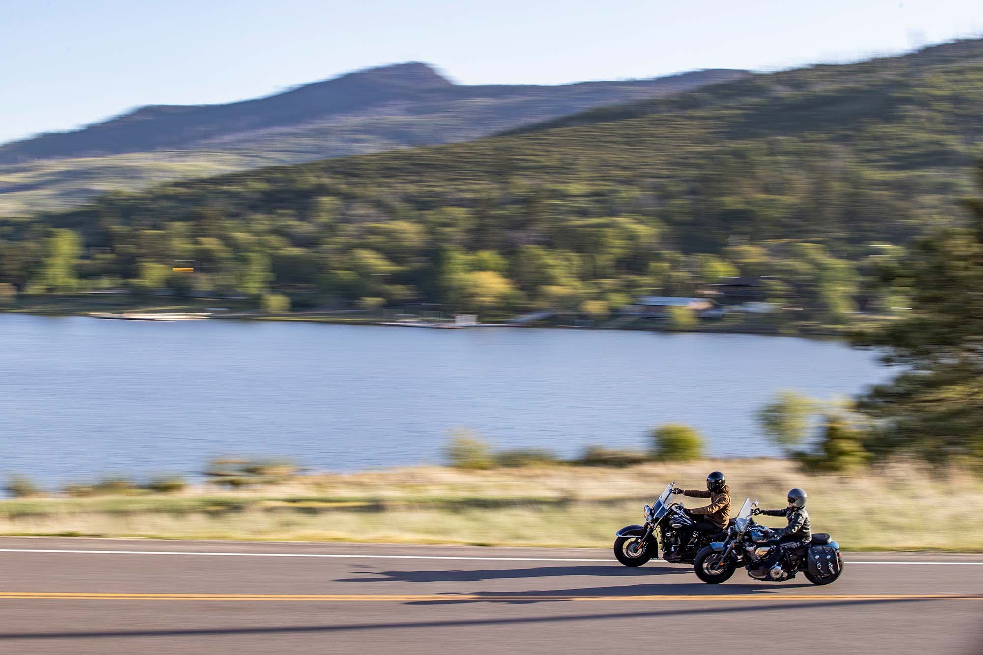 Editors Morgan Gales and Andy Cherney ride the 2021 Harley-Davidson Heritage Classic 114 and 2022 Indian Super Chief in the mountains east of San Diego.