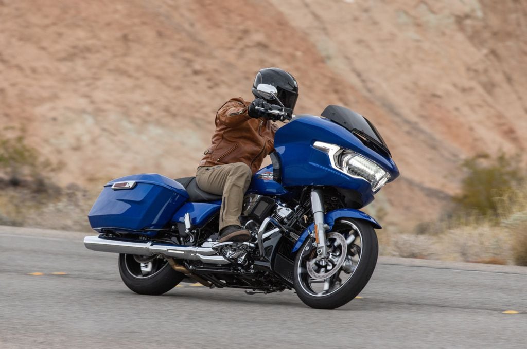 The 2024 Harley-Davidson Road Glide in Blue Burst paint with chrome trim.