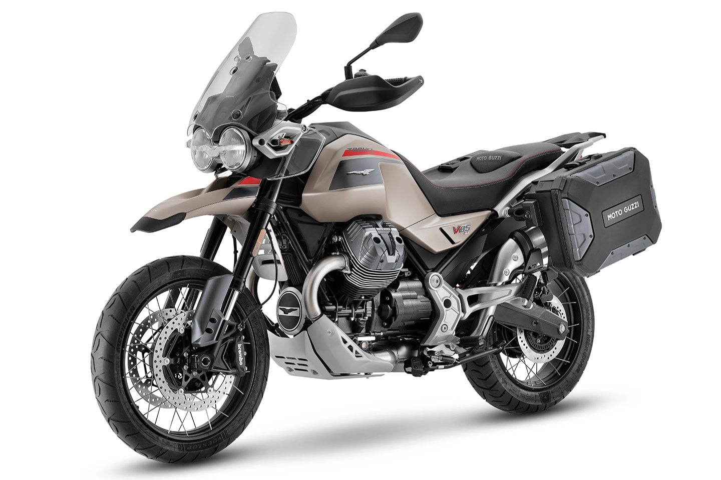 The 2024 Moto Guzzi V85 TT Travel comes with 37- and 27.5-liter side bags.