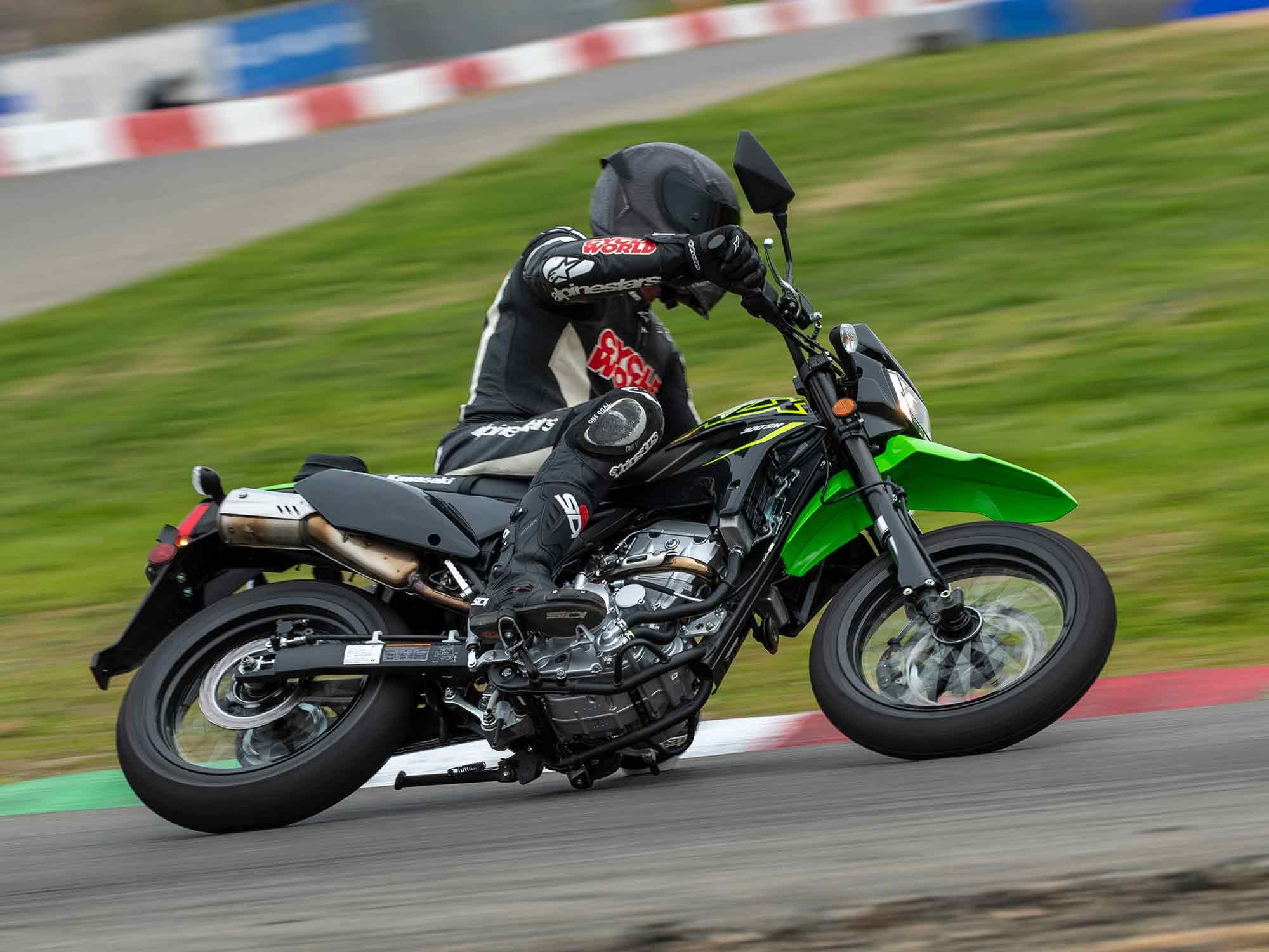 The KLX300SM was a blast on the karting track with fade-free braking and impressive grip from the IRC Road Winner tires.