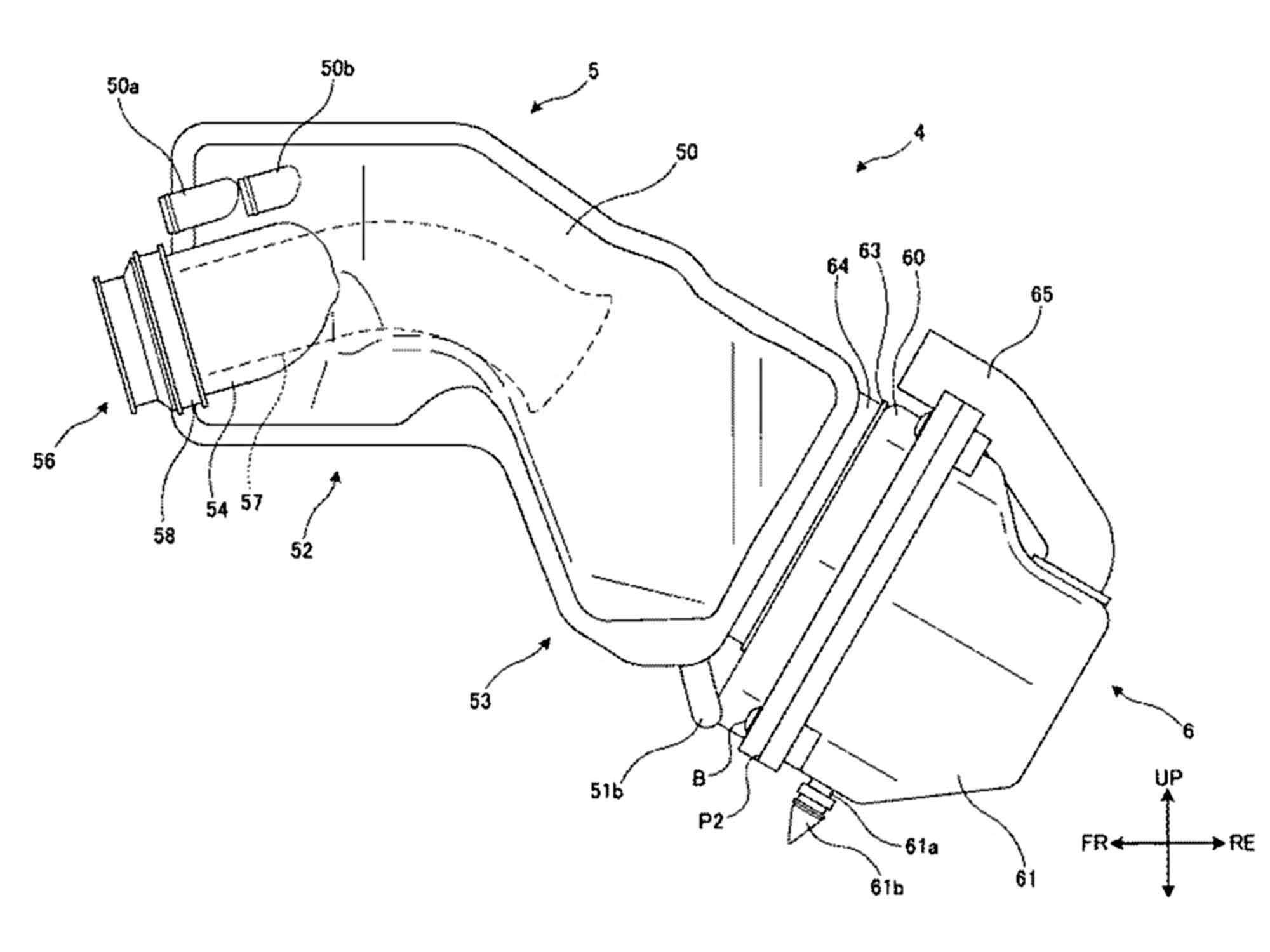 The airbox intake duct at the top feeds air from inside the bodywork.