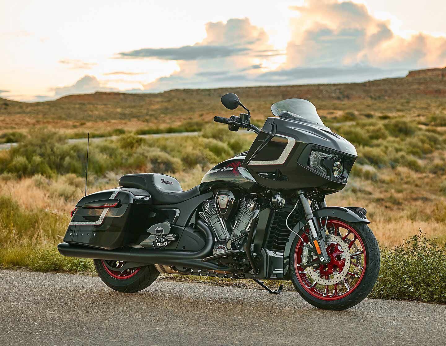 Precision-cut cast spoked 19-inch front wheel adds custom flair. Premium touches include Indian headdress, adaptive headlight (with LED driving lights integrated into the lower fairing), Elite badging, and rider and passenger floorboards.