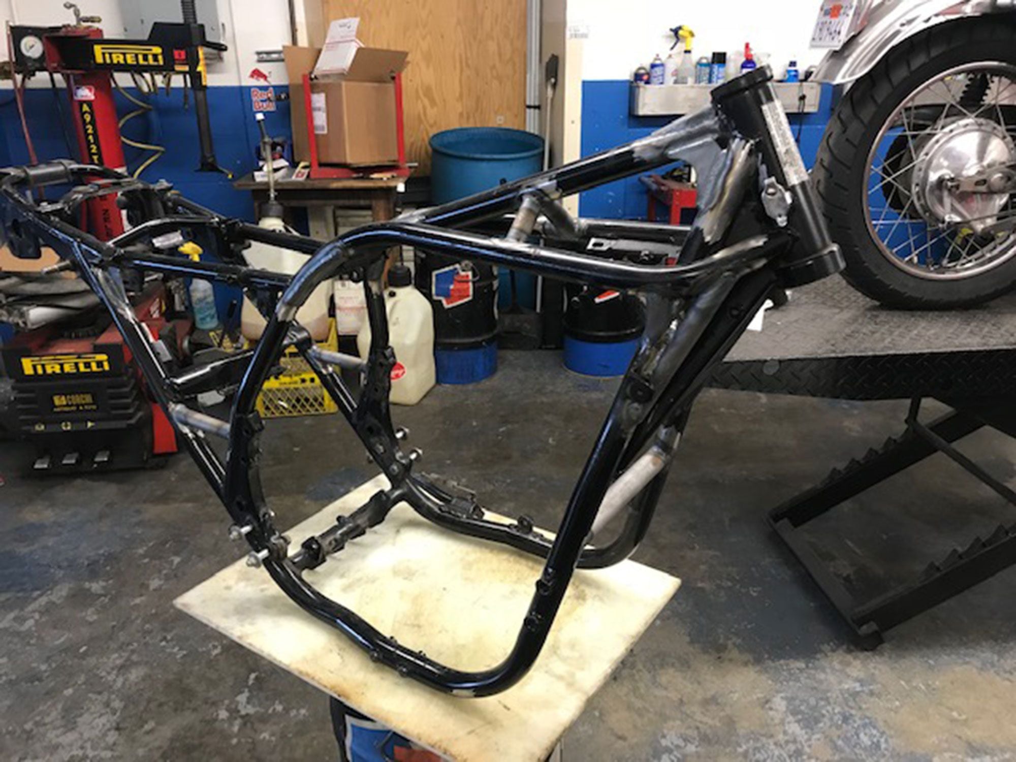 The bare frame was strategically gusseted by Jerry Burac, based on what racers learned back in the day, and in the decades since. The frame-gusset kit and upgraded engine mounts come in a kit from Andrew’s longtime supplier, JB Racing.