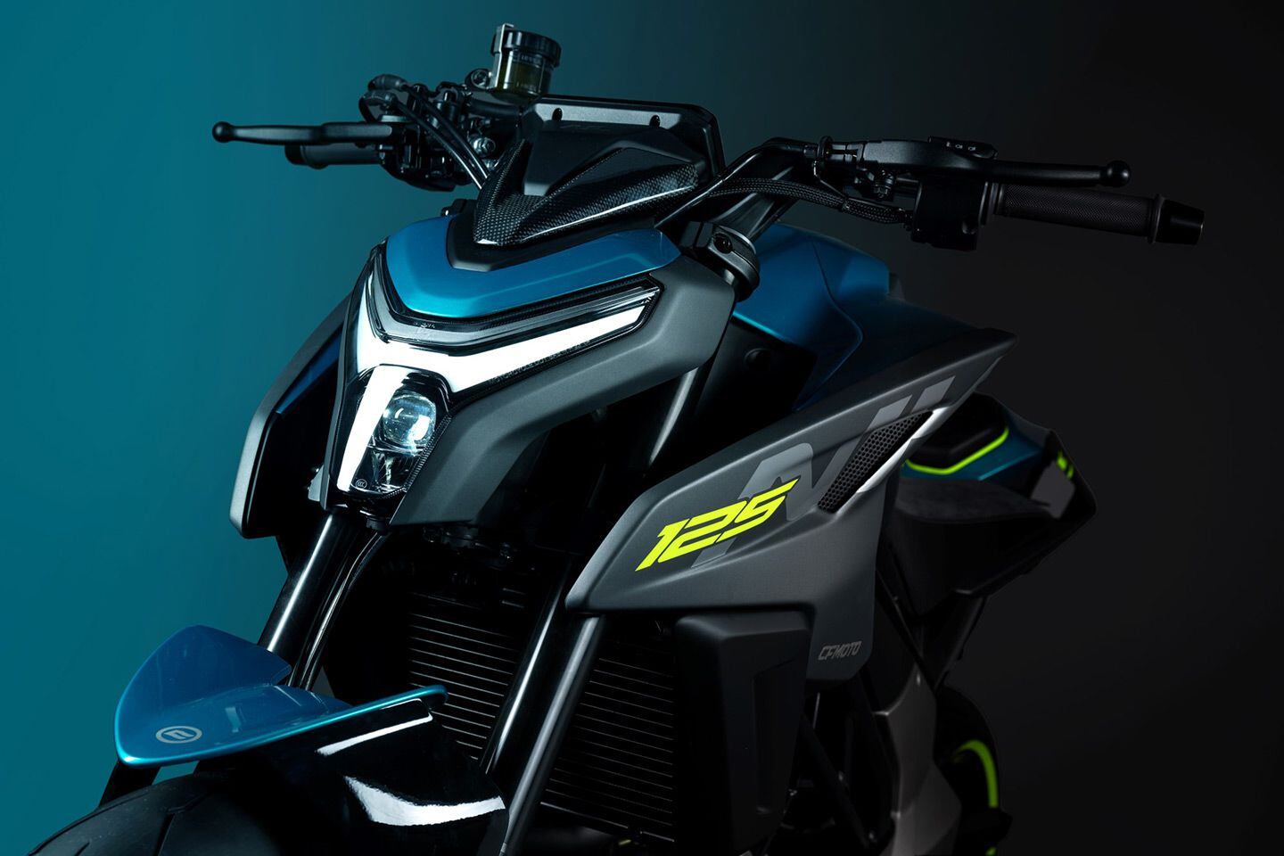 The CFMoto 125NK’s front nose.