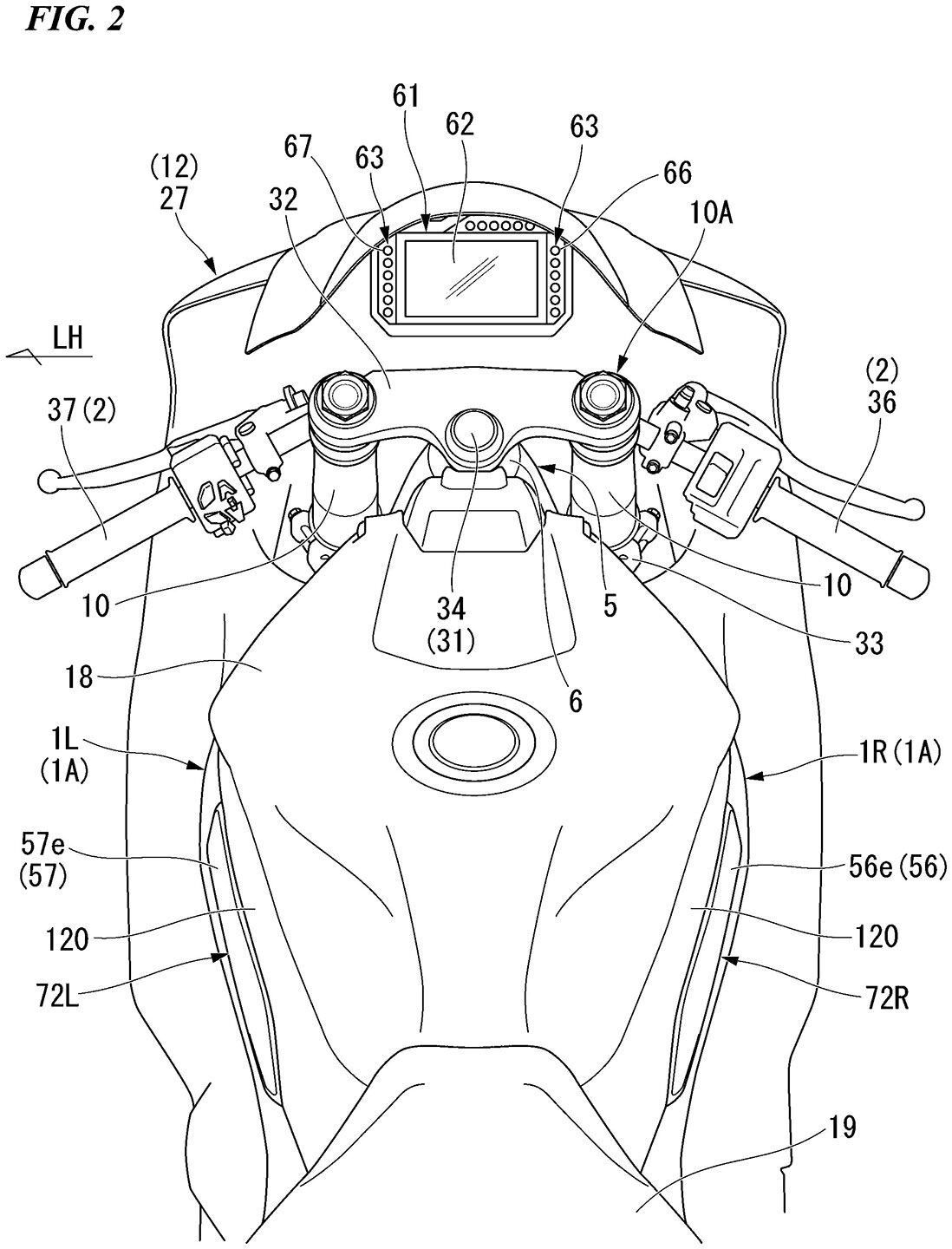 A view of the top of the motorcycle shows where the panels would deploy from, indicated by 72L and 72R.