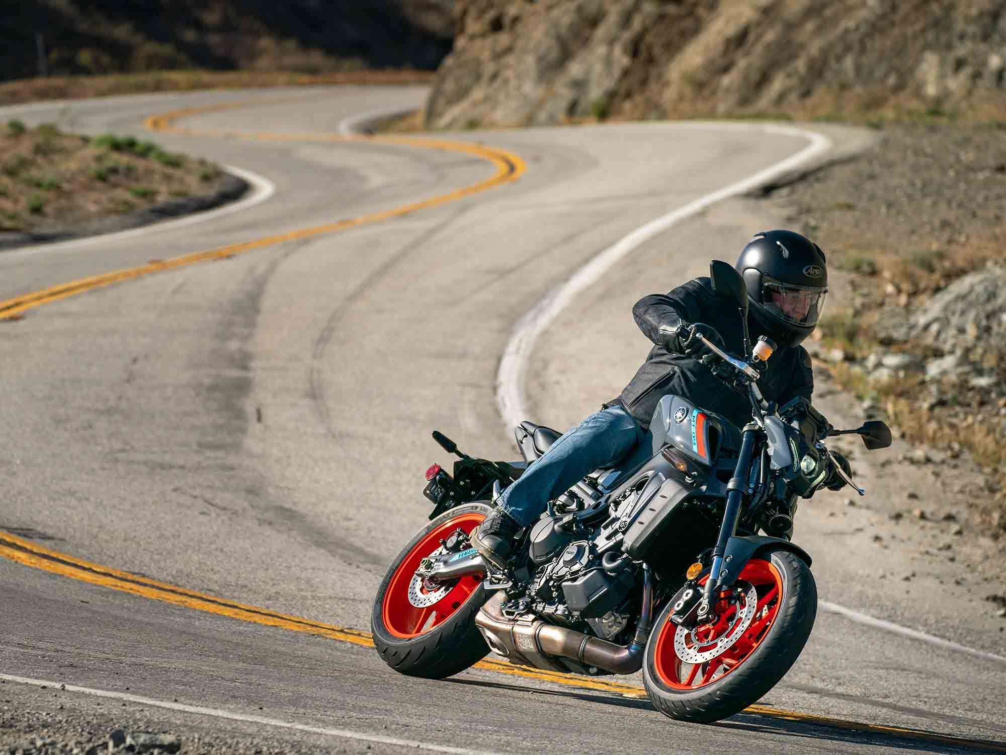 Midcorner bumps don’t upset the MT-09′s well-balanced suspension and chassis.