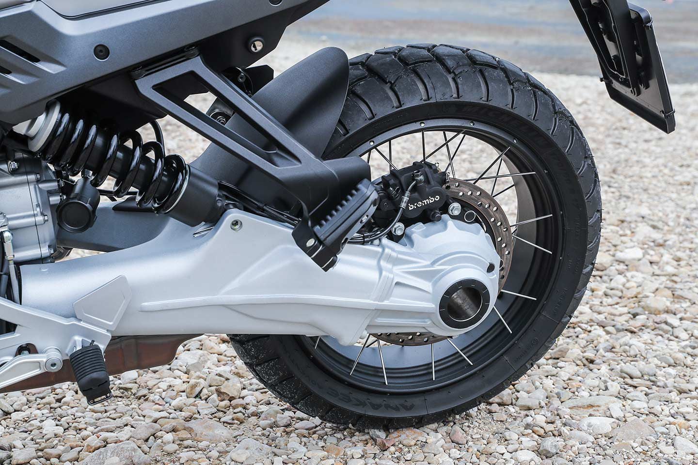 The Stelvio’s swingarm is the same length as the Mandello but has more travel.