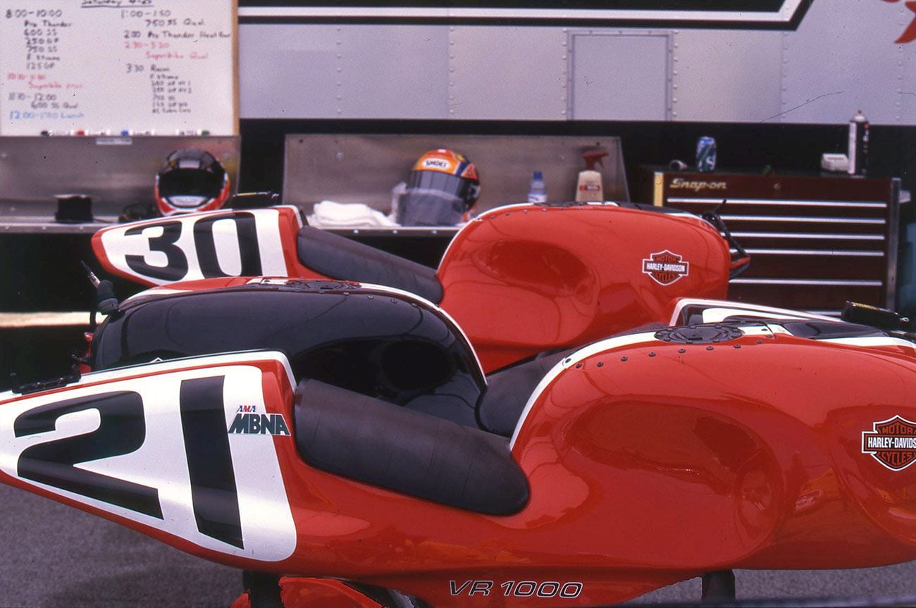 Carbon fiber bodywork from the factory Harley-Davidson Superbikes of Pascal Picotte (21) and Thomas Wilson (30).