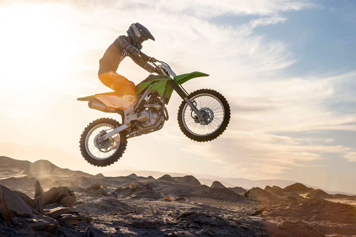 Offering nearly 10 inches of suspension travel front and rear, the Kawasaki KLX230R provides plenty of bottoming resistance on flat-ground landings