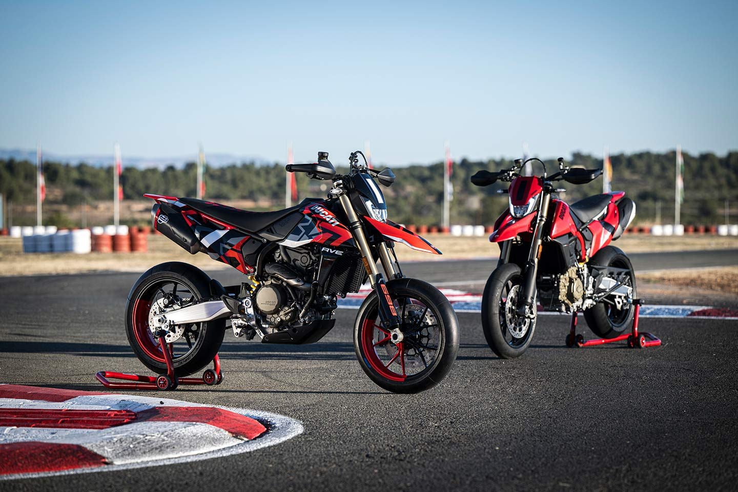 The Hypermotard 698 Mono lineup consists of two bikes: a base model ($12,995) and quickshifter-equipped RVE ($14,495), which also gets a special Ducati graphic treatment.