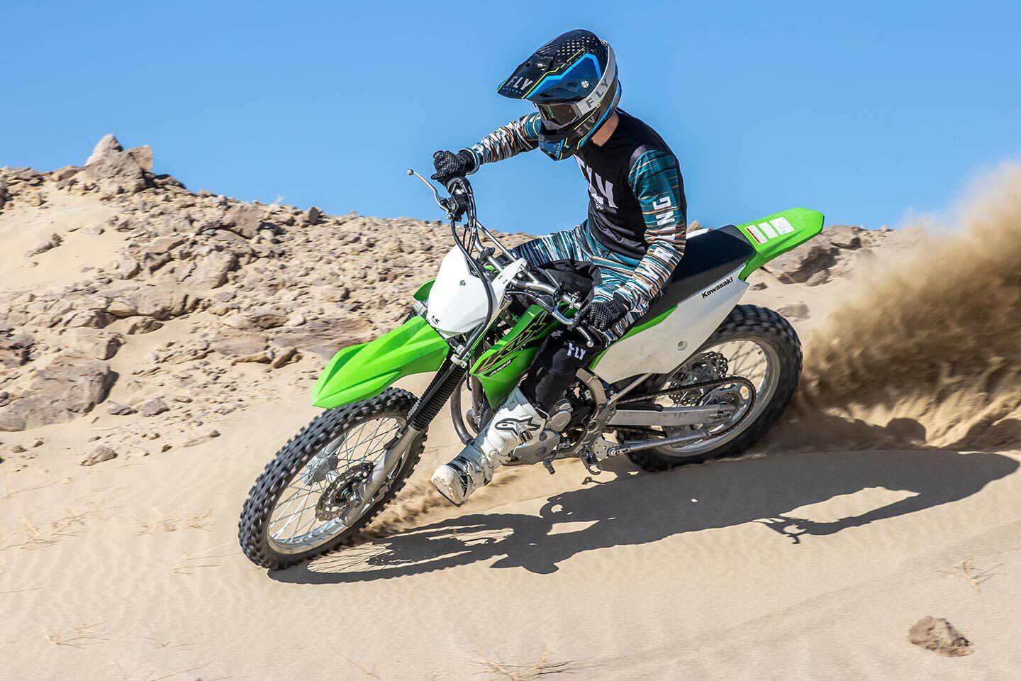 The short 53.5-inch wheelbase of the KLX230R aided in quick turns when sand surfing.