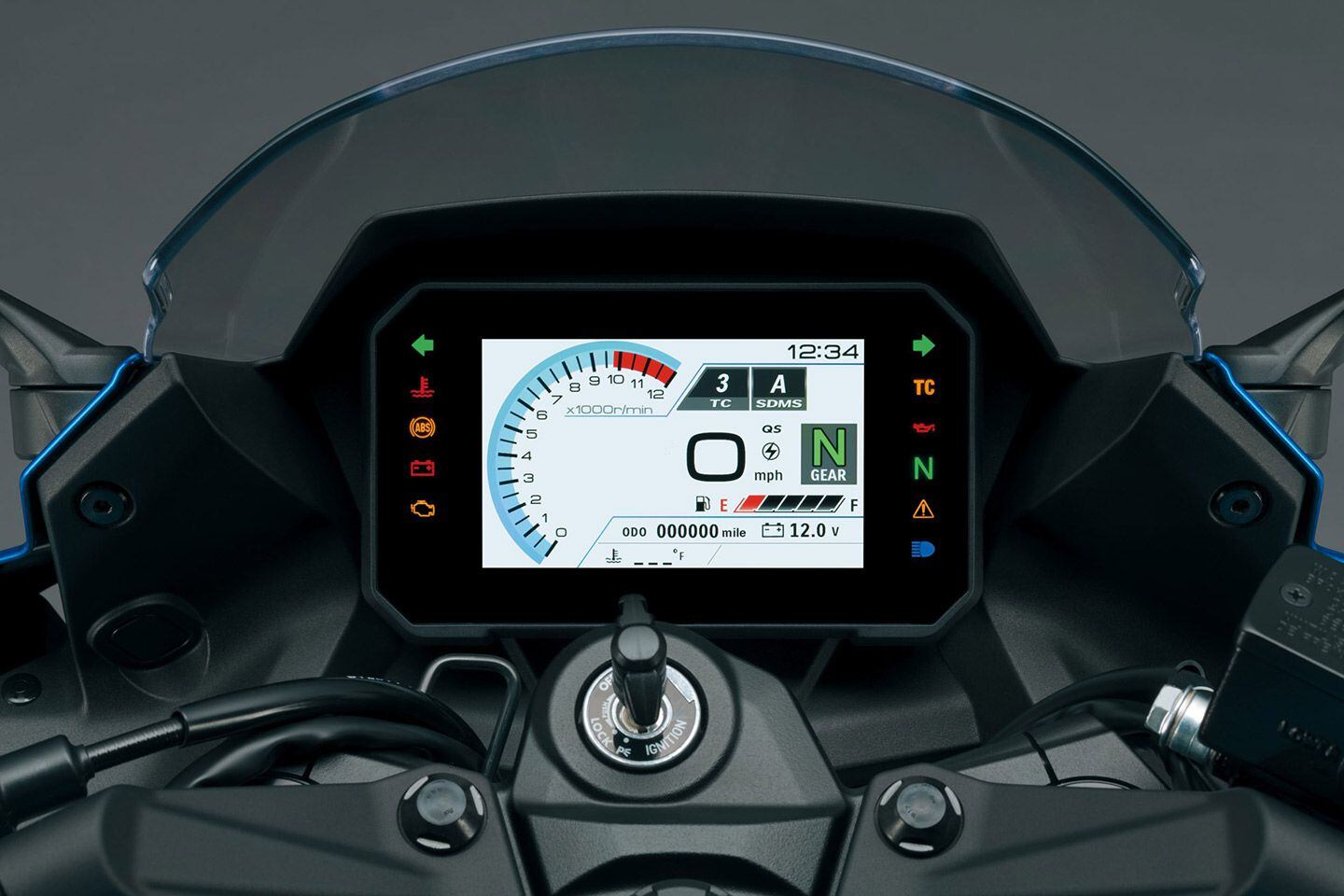 The TFT display is shared with the 8S, but is mounted to the fairing instead of to the handlebars.