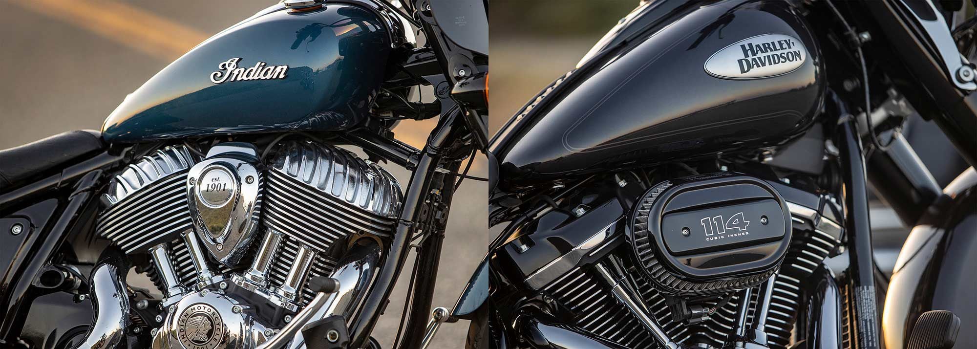 Indian’s air-cooled 49-degree V-twin, the Thunderstroke 116, and Harley-Davidson’s air-and-oil-cooled 45-degree V-twin, the Milwaukee-Eight 114.