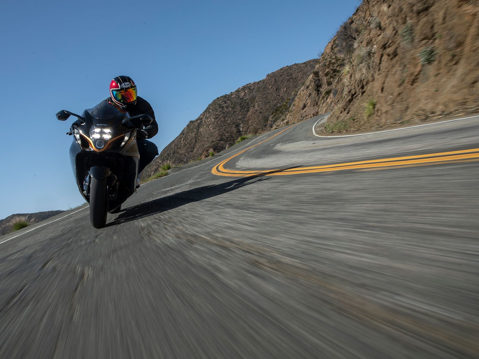 “There are no lighting filaments on this motorcycle,” a Suzuki rep said in the tech briefing. Integrated turn signals and running lights are complemented by stacked headlights.