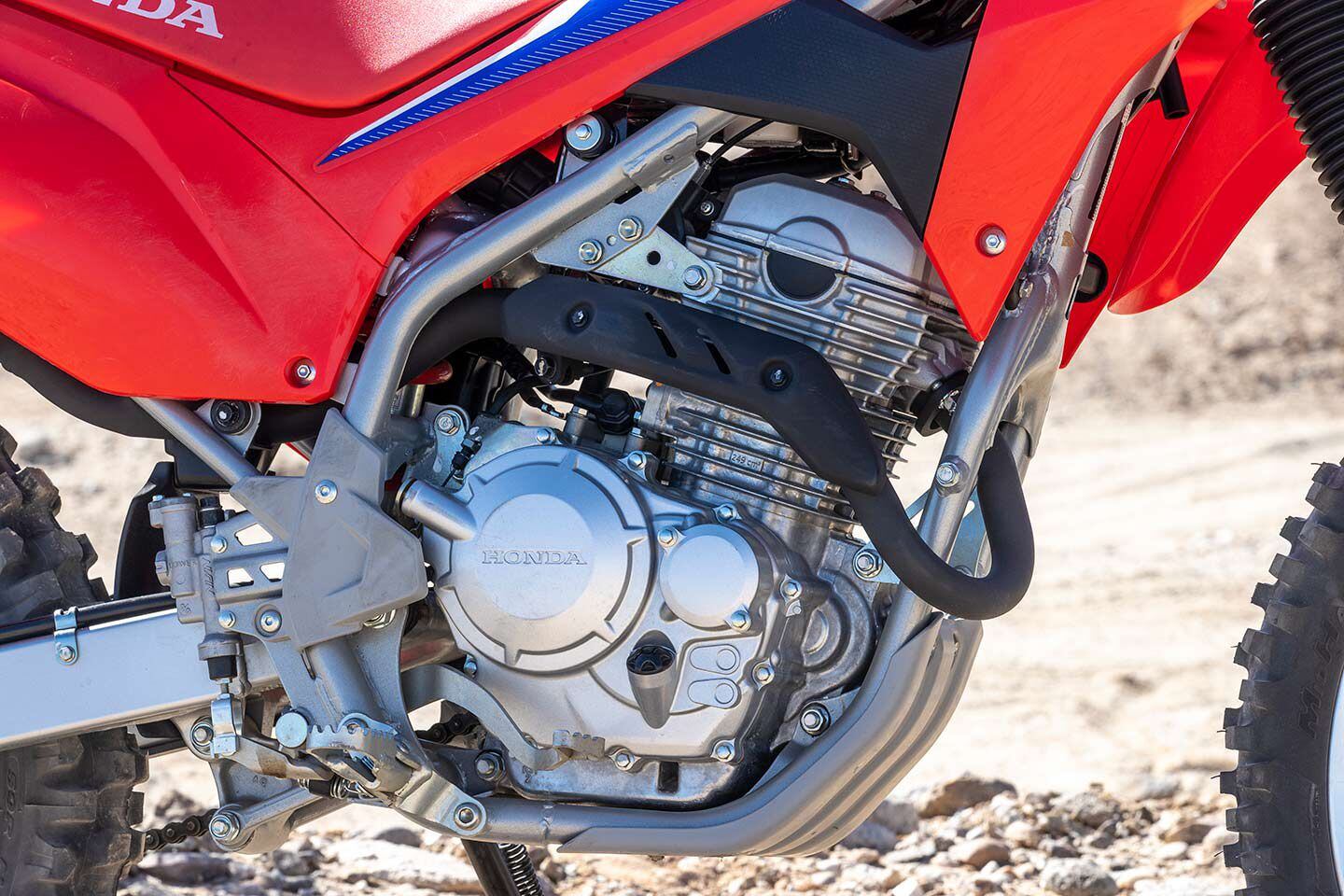 Honda’s 249cc air-cooled single-cylinder engine produces 20.1 hp at 7,500 rpm and 15.5 lb.-ft. of torque at 6,000 rpm.