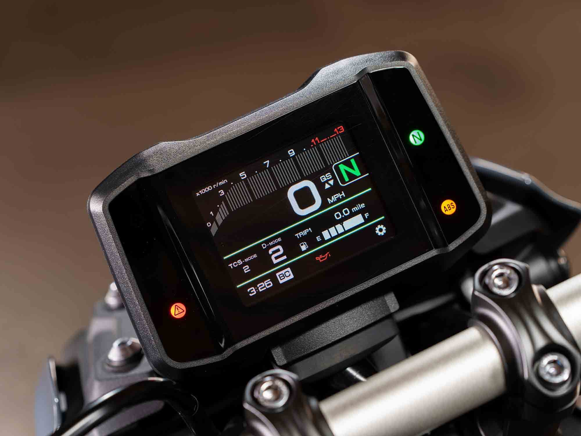 The new suite of electronic rider aids and rider modes is controlled via a handlebar switch and the full-color TFT dash.