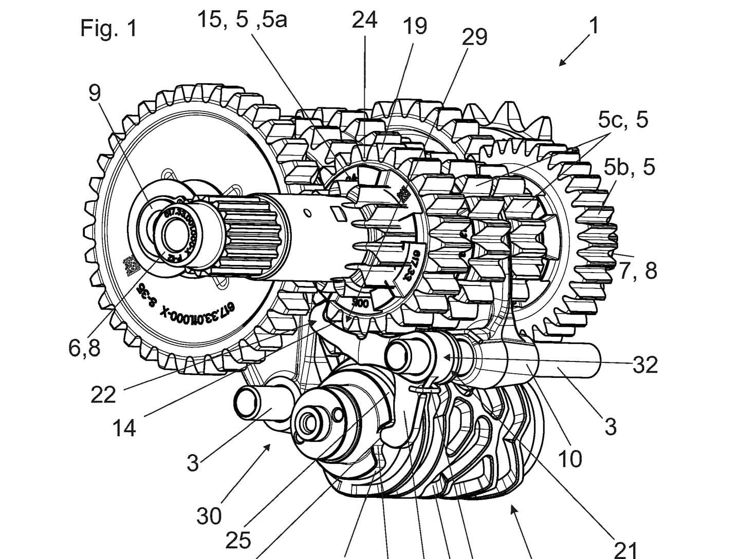 Patent drawings of the KTM’s transmission, which features an interlocking pawl to provide a “park” function.