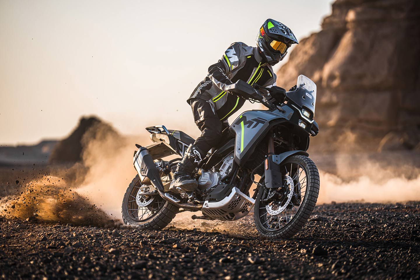 The 2024 CFMoto 450MT utilizes a 449.5cc parallel twin with a claimed 43.6 hp at 8,500 rpm.