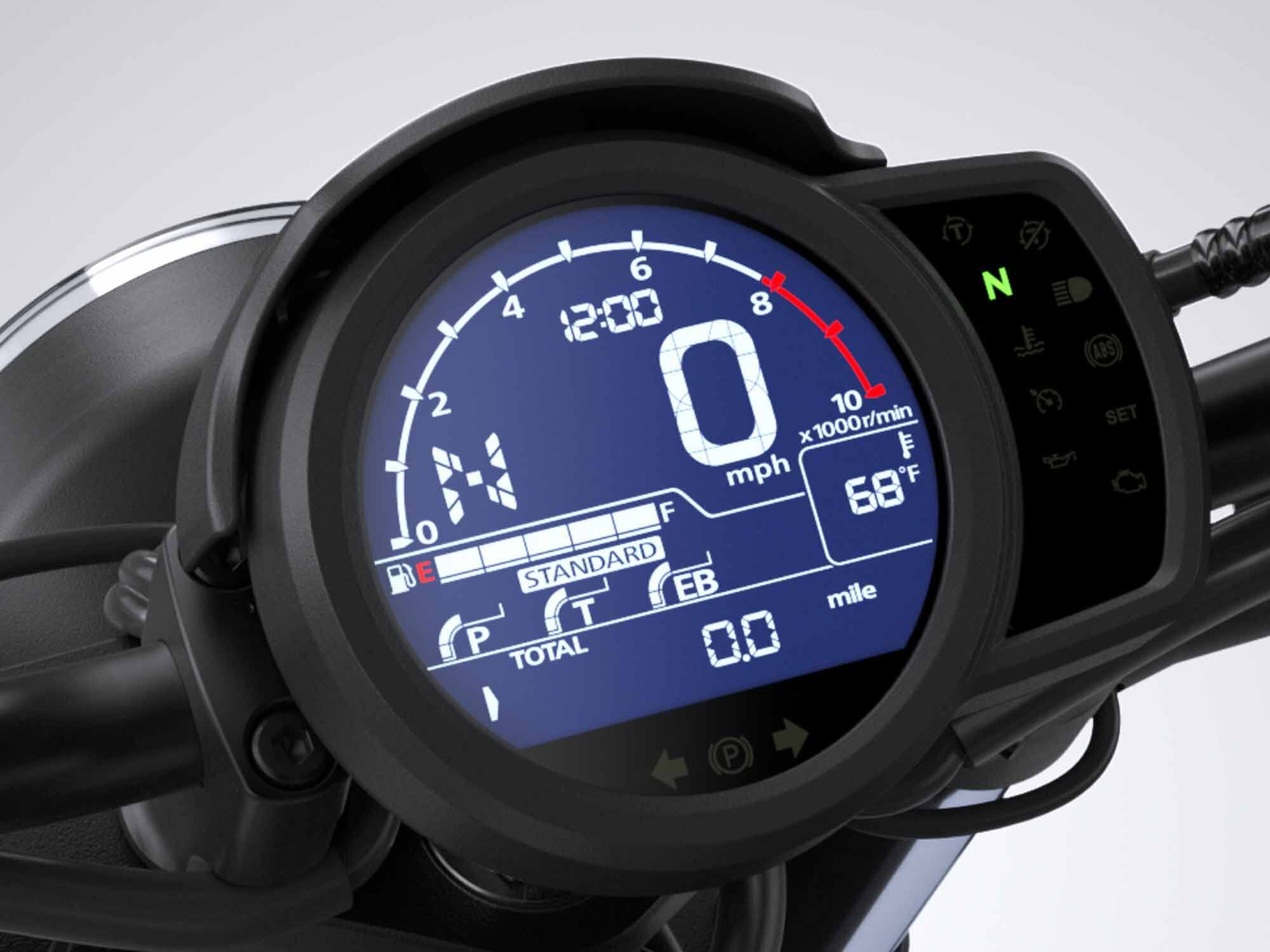 The LCD dash displays the speedometer, tachometer, gear-position indicator, fuel indicator, and ride modes.