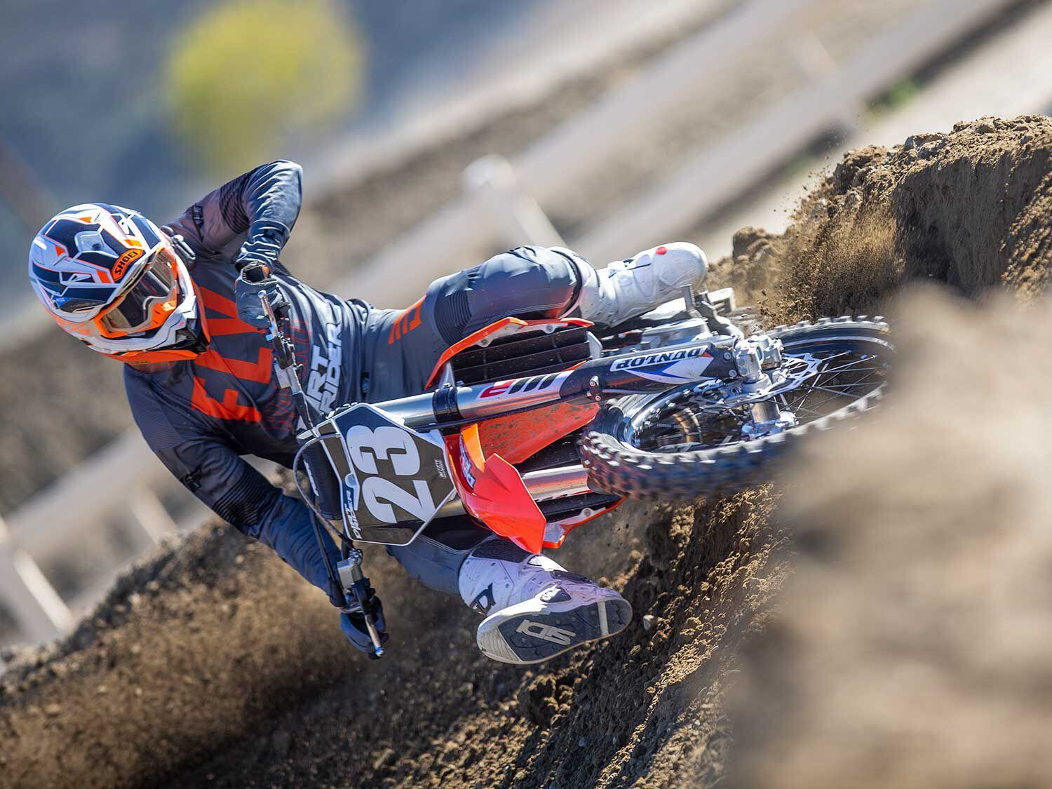 “The KTM chassis feels much more lively than the Husqvarna’s, meaning it takes time for the bike to settle into the corner and rip out. It turns well, and in combination with its easy power delivery, makes for an easy motorcycle to ride. Like the Husqvarna, the KTM has a ton of braking power that quickly brings it to a stop.” <em>—Michael Gilbert</em>