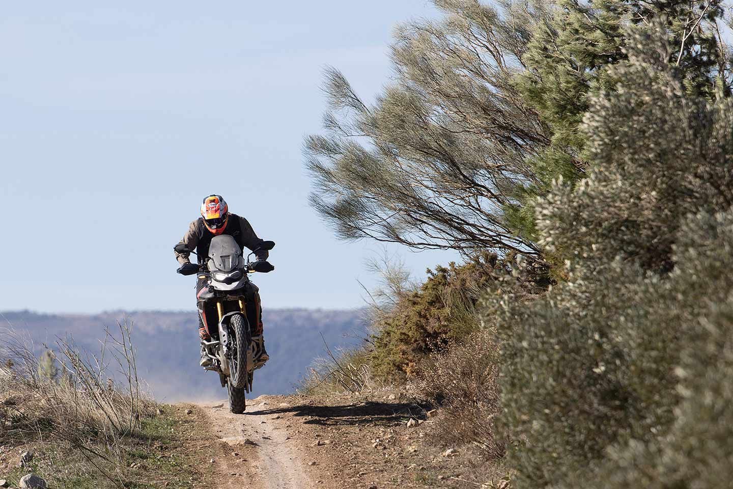 Wider bars on the Rally Pro give plenty of leverage to muscle it around off-road.