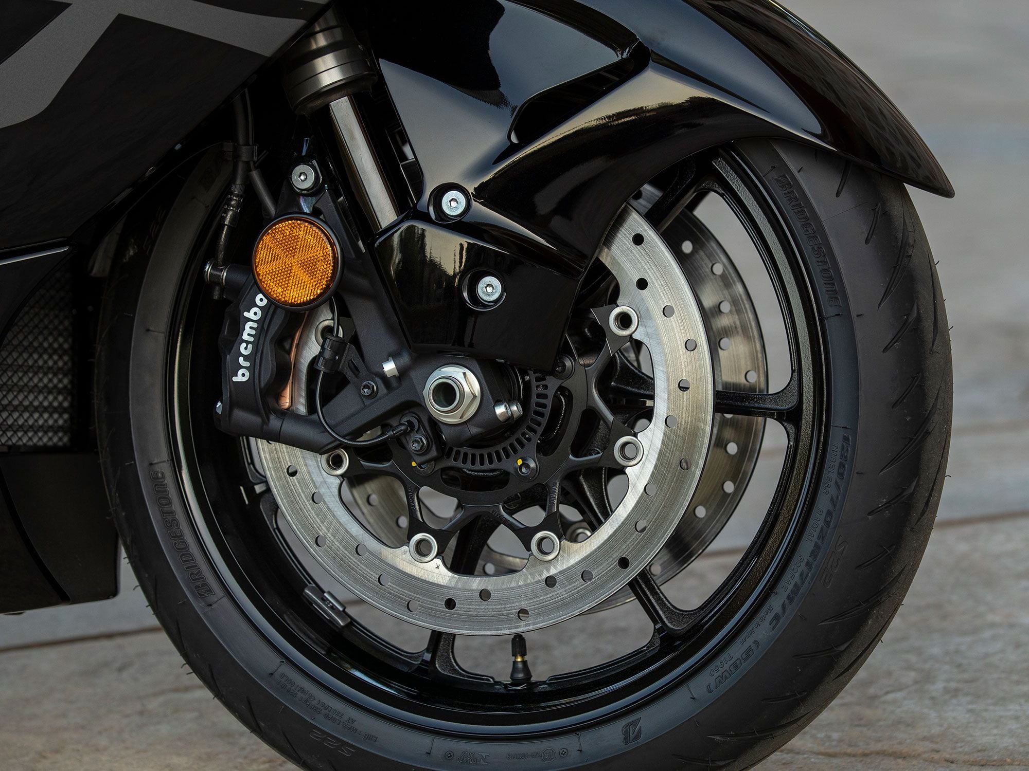 Pity the brakes that have to haul down a heavy hauler like the Hayabusa. Lean-sensing ABS works with a full rider-aid Suzuki Intelligent Ride System to manage traction, wheel lift, engine-braking, launch control, and more.