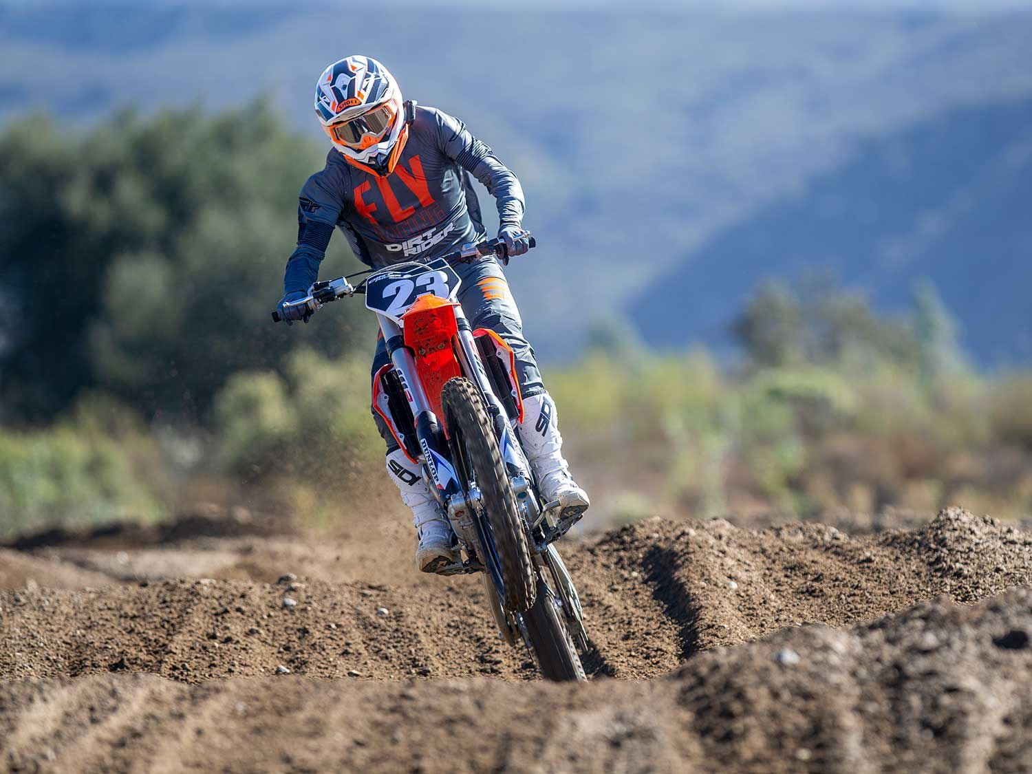 “The 250 SX-F is narrow, has a little bit of a chopper feeling, and feels like a longer wheelbase bike. The front and rear wheel seem to track in line versus a hinged feeling that I recall from the previous year model.” <em>—Allan Brown</em>