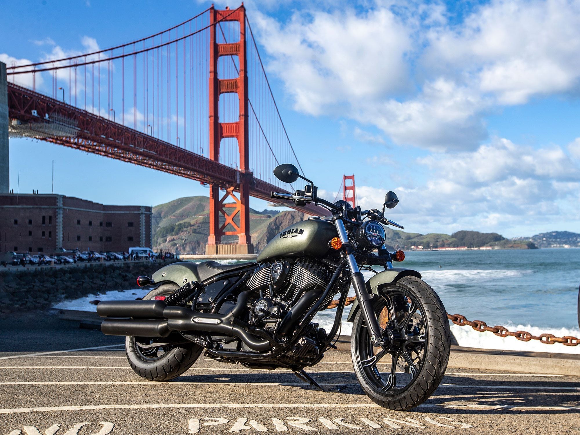 The 2022 Indian Chief Dark Horse in Alumina Jade below the Golden Gate Bridge in San Francisco. MSRP for this bike is $16,999.