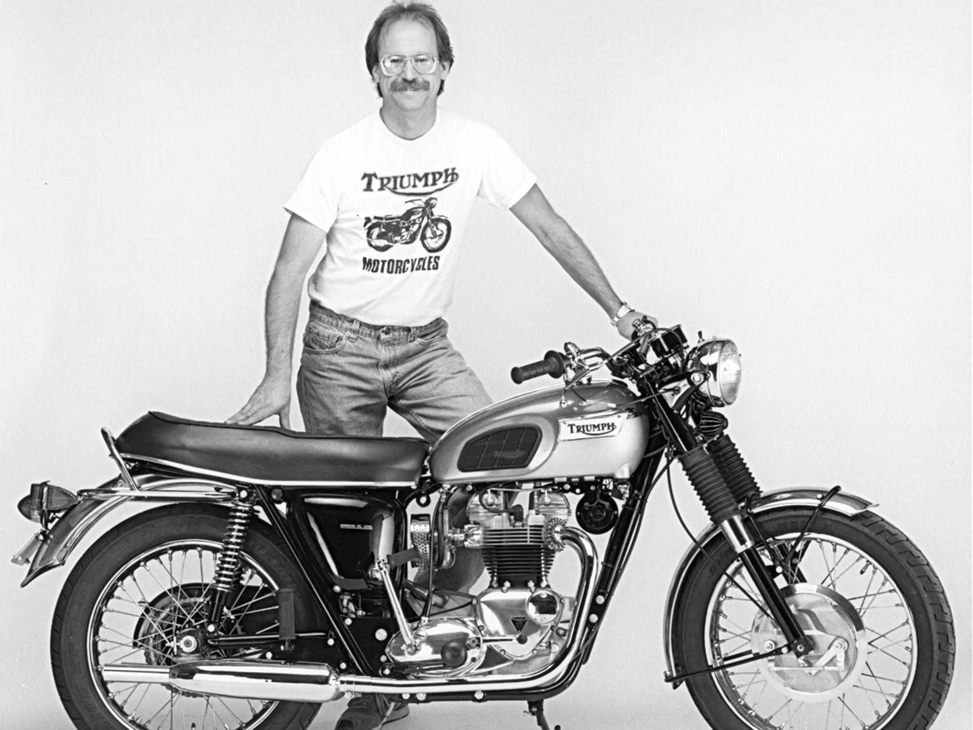 Storz with his restored 1970 Triumph TR6C, a duplicate of his first motorcycle that he enjoys occasionally riding today.