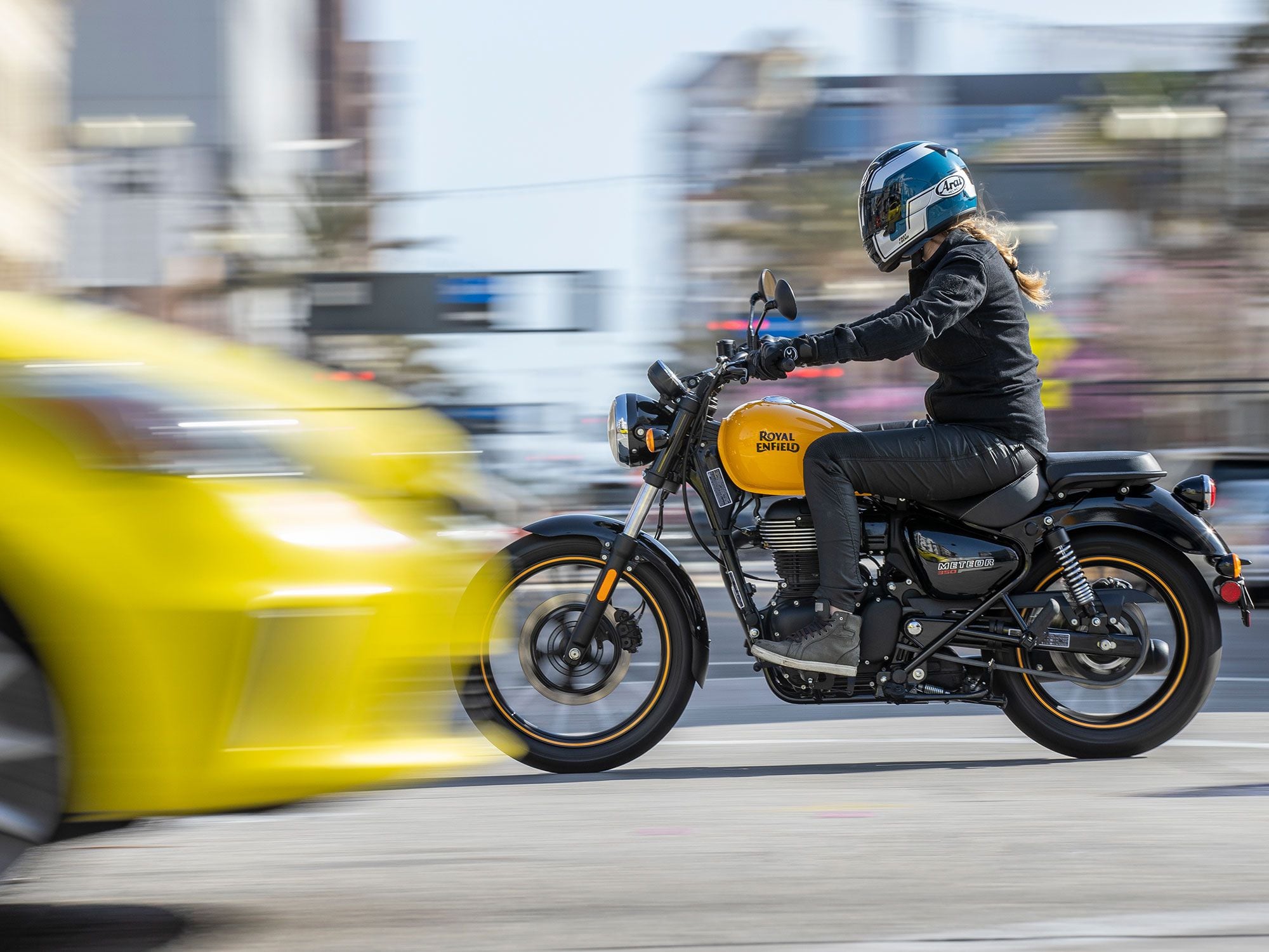 Mellow in Fireball Yellow. A ride down the boulevard is not a race, the Meteor invites the rider to relax and enjoy the ride.