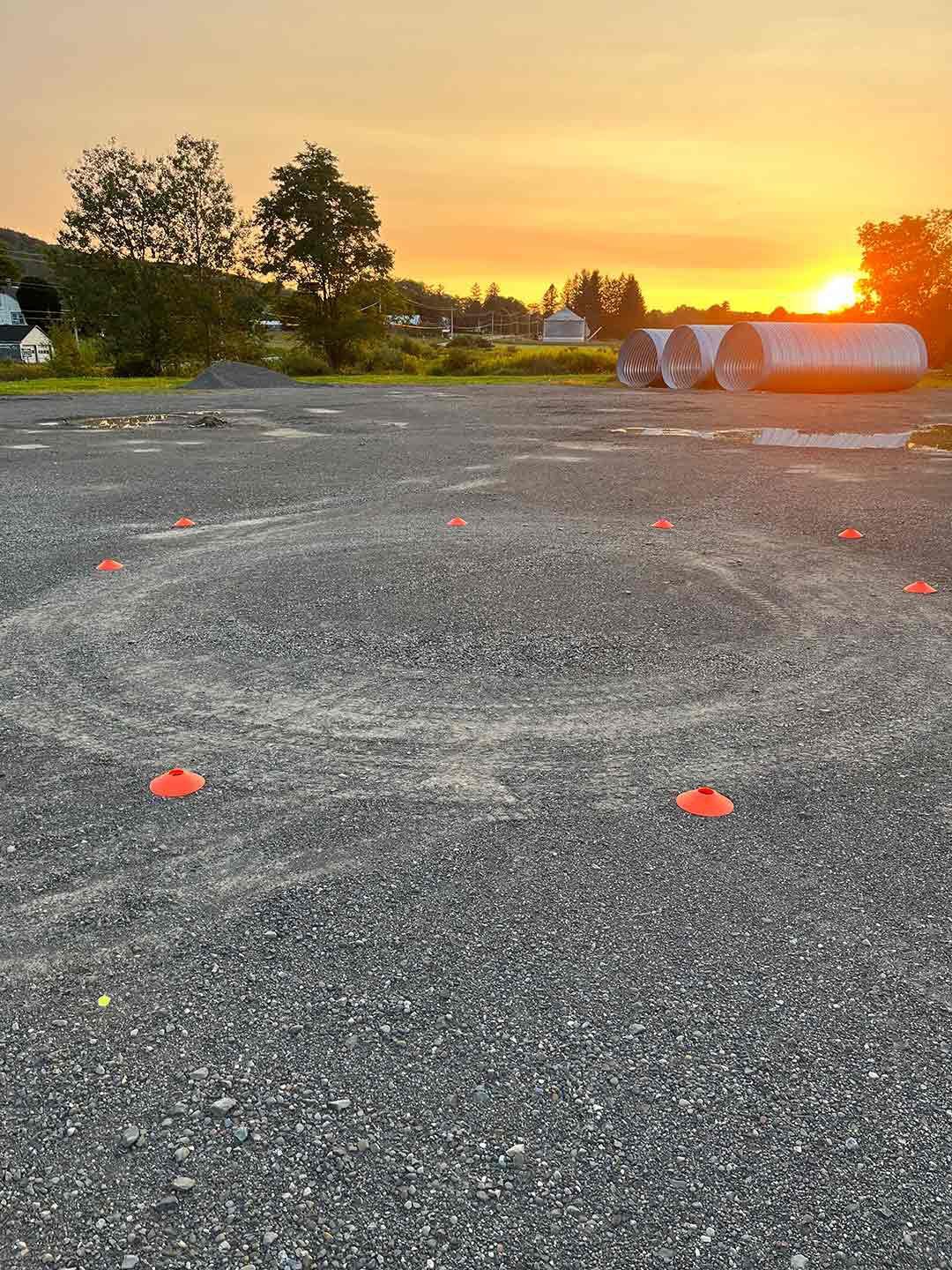 Cones set up at the local highway department for practicing 16-foot box turns. The GS excels at slow-speed maneuvers.