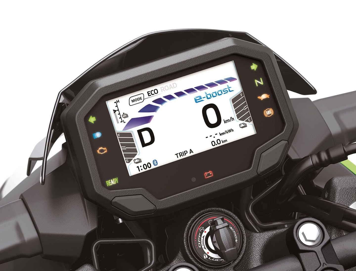 The Ninja e-1 and Z e-1 both have a 4.3-inch TFT display. Notice the two available ride modes: Road and Eco. In addition to these modes, an e-boost function increases power for stronger acceleration and higher top speed. This would theoretically come in handy when needing to accelerate past a car or merge with traffic. E-boost can be used for just 15 seconds at a time.