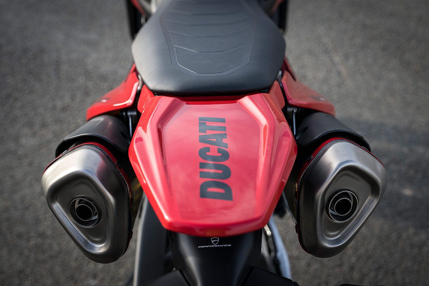 Business in the front, party in the back. Stock exhaust noise is by necessity a bit muted, but stepping up to a Termignoni exhaust wakes the bike up, both in terms of sound and power.