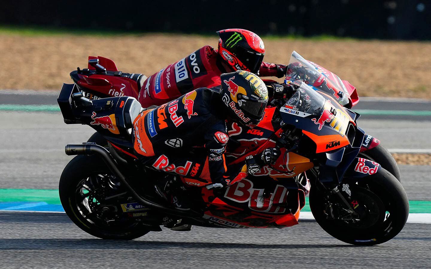 After passing for the lead, Brad Binder’s tire dropped and he held off Bagnaia to the finish, but then was docked a position for exceeding track limits.