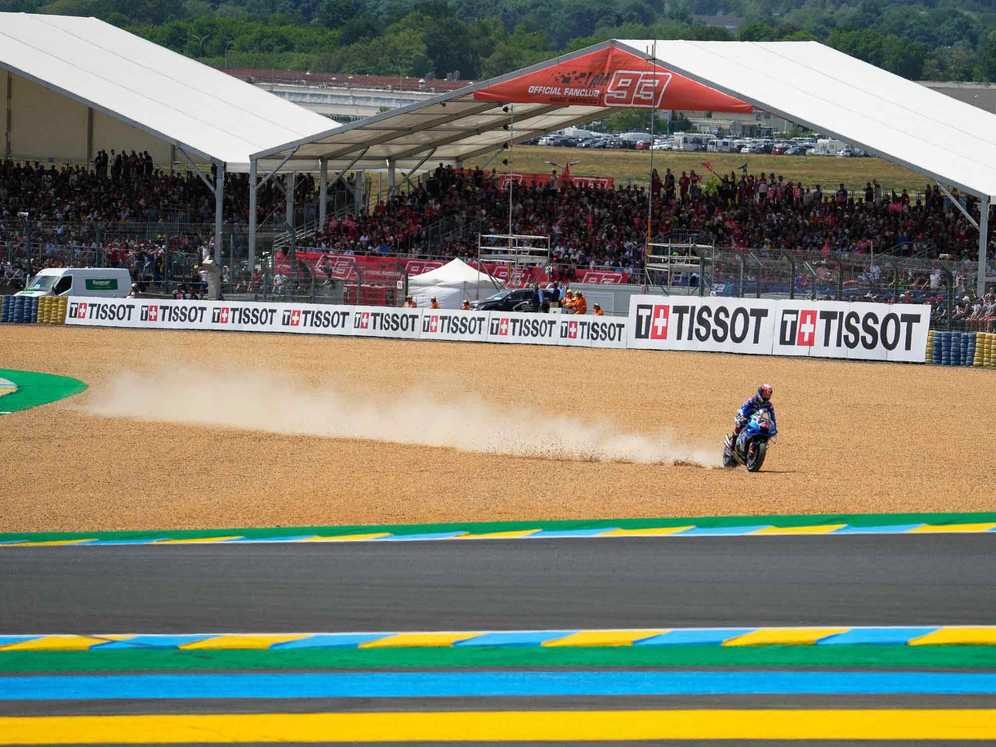Suzuki’s planned withdrawal from MotoGP has been the talk of the pits. At Le Mans, neither Suzuki finished. Here, Álex Rins goes gardening on lap six. Teammate Joan Mir lasted until lap 14.