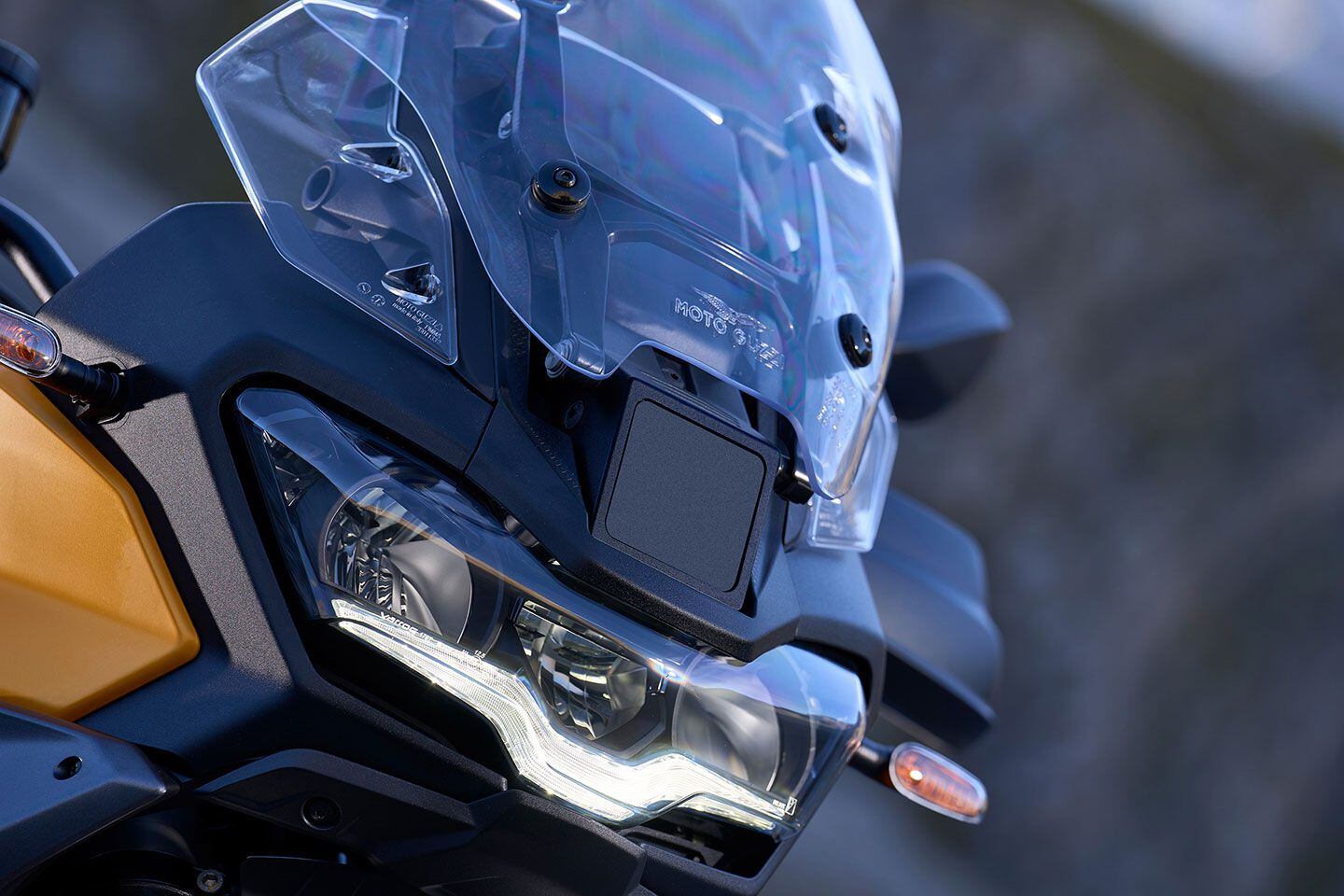 Front-facing radar on the 2024 Moto Guzzi Stelvio allows for Follow Cruise Control and Forward Collision Warning functions. The Stelvio can be had with or without the PFF Rider Assistance Solution system.