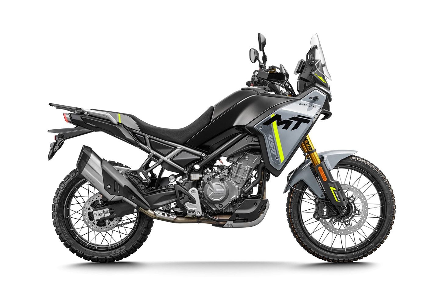 The 2024 CFMoto 450MT features spoked wheels (21-inch front, 18-inch rear) with a single 320mm disc and four-piston J.Juan caliper up front and a 240mm disc with a single-piston caliper at the rear.