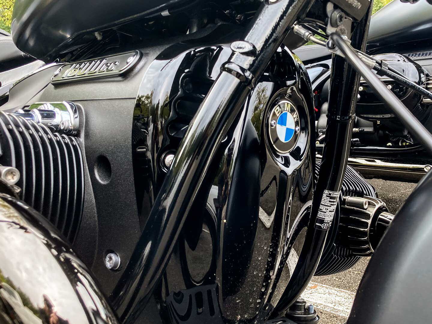 The R 18 Roctane’s blacked-out 1,802cc air-and-oil-cooled boxer engine wears a badge in place of a heart on its ample sleeve.