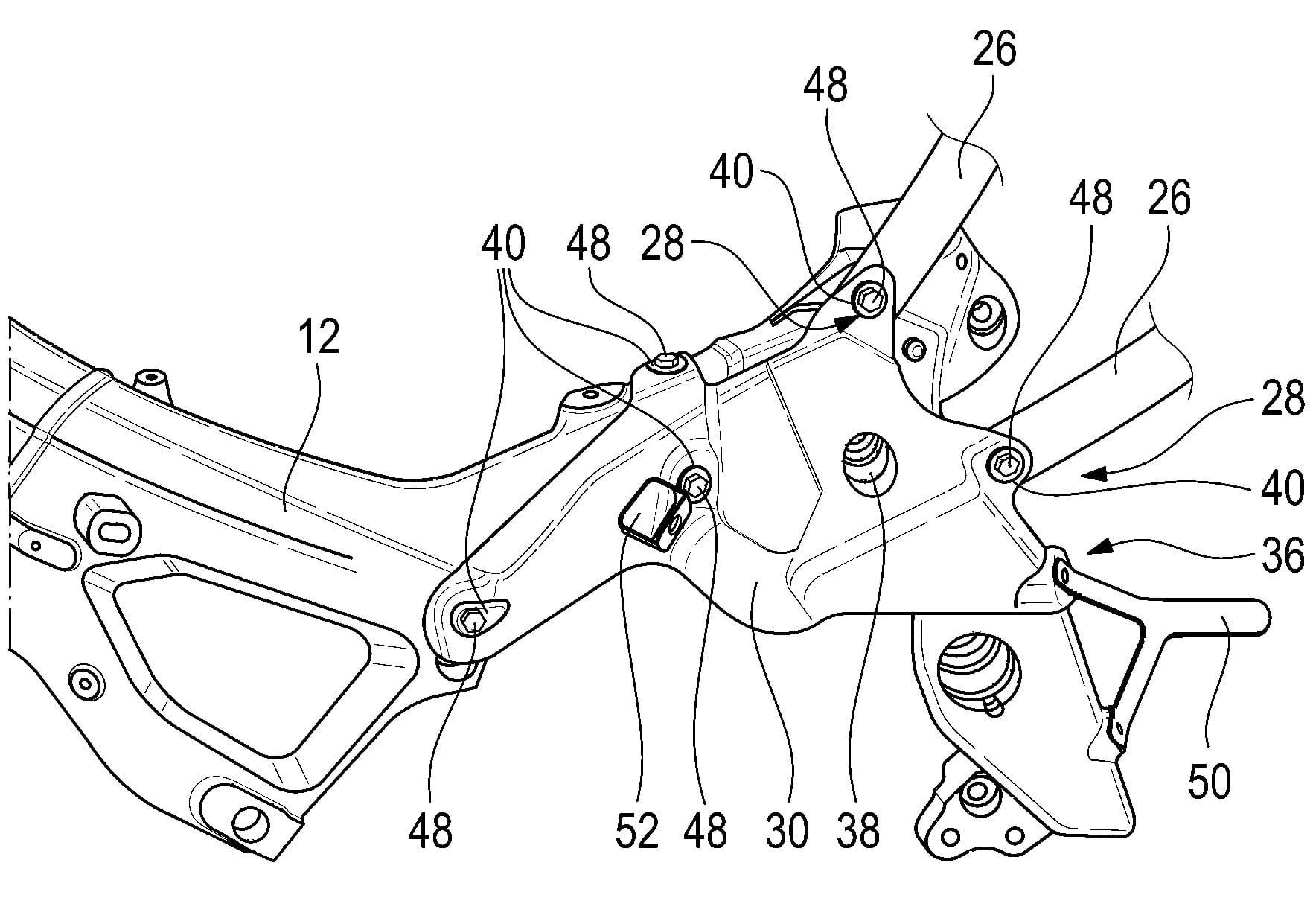 The carbon fiber brace (labeled #30) would be used to tune the rigidity of BMW sportbike frames with the ability to change them out to suit the track conditions and layout.