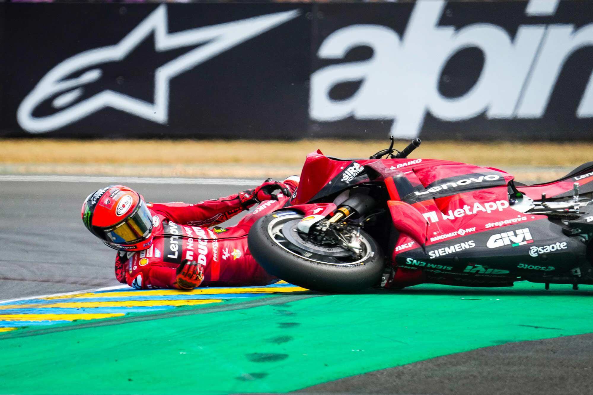 Le Mans was a crashfest, with six riders failing to finish. In qualifying, Francesco Bagnaia was golden, winning the pole and setting a new lap record. But on lap 21 his luck ran out while fighting for the lead. The DNF dropped him to seventh in the overall standings.