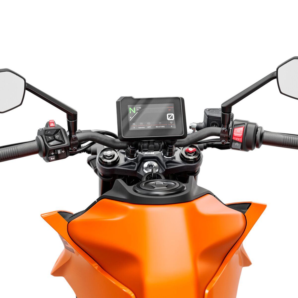 The 390 has an updated 5-inch TFT dash lifted from other models in the KTM lineup. The 250 makes do with an identical looking unit, except its display is LCD.