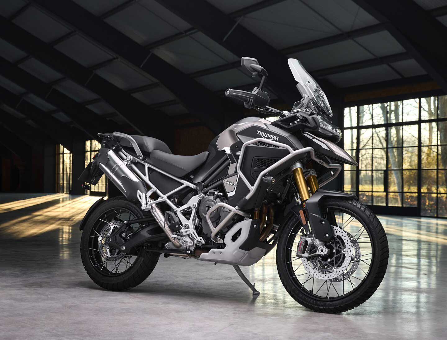 The 2024 1200 Rally Explorer gets all of the same refinements to engine, suspension, seat, and ground clearance. The Rally Explorer gets 21/18 wheels and offers a longer travel (8.6 inches) from its 49mm USD Showa fork.