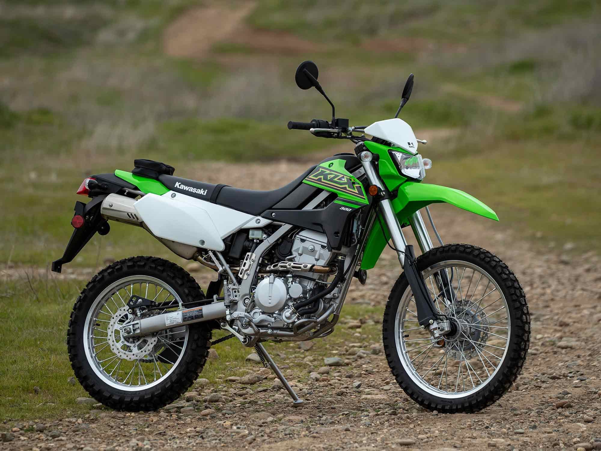 The dual sport KLX300 is fit with a 21-inch front tire and 18-inch rear.