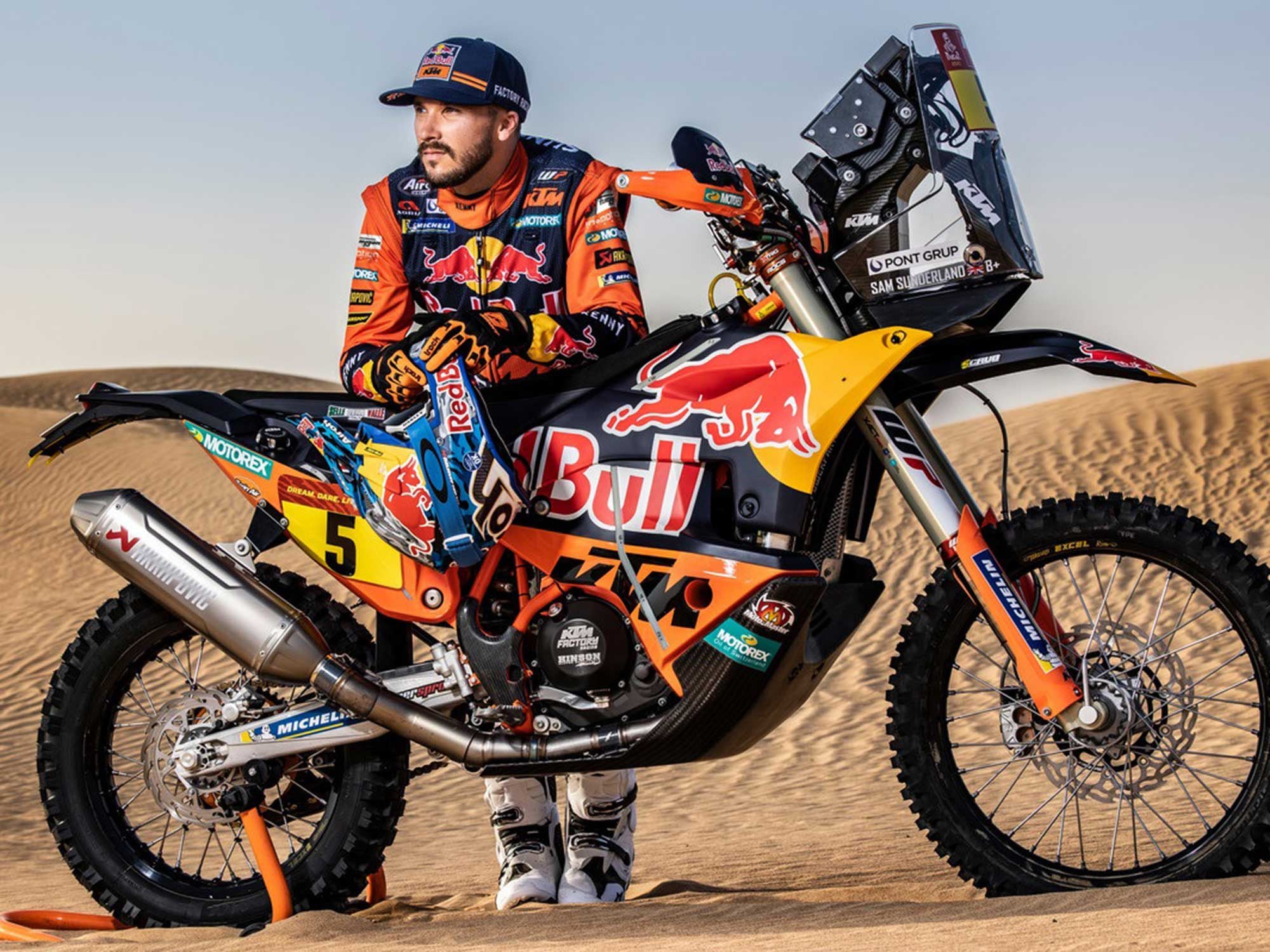 Different suspension, ECU tune, and assorted other bits differentiate this current Dakar KTM factory bike (shown with rider Sam Sunderland) from the consumer model.