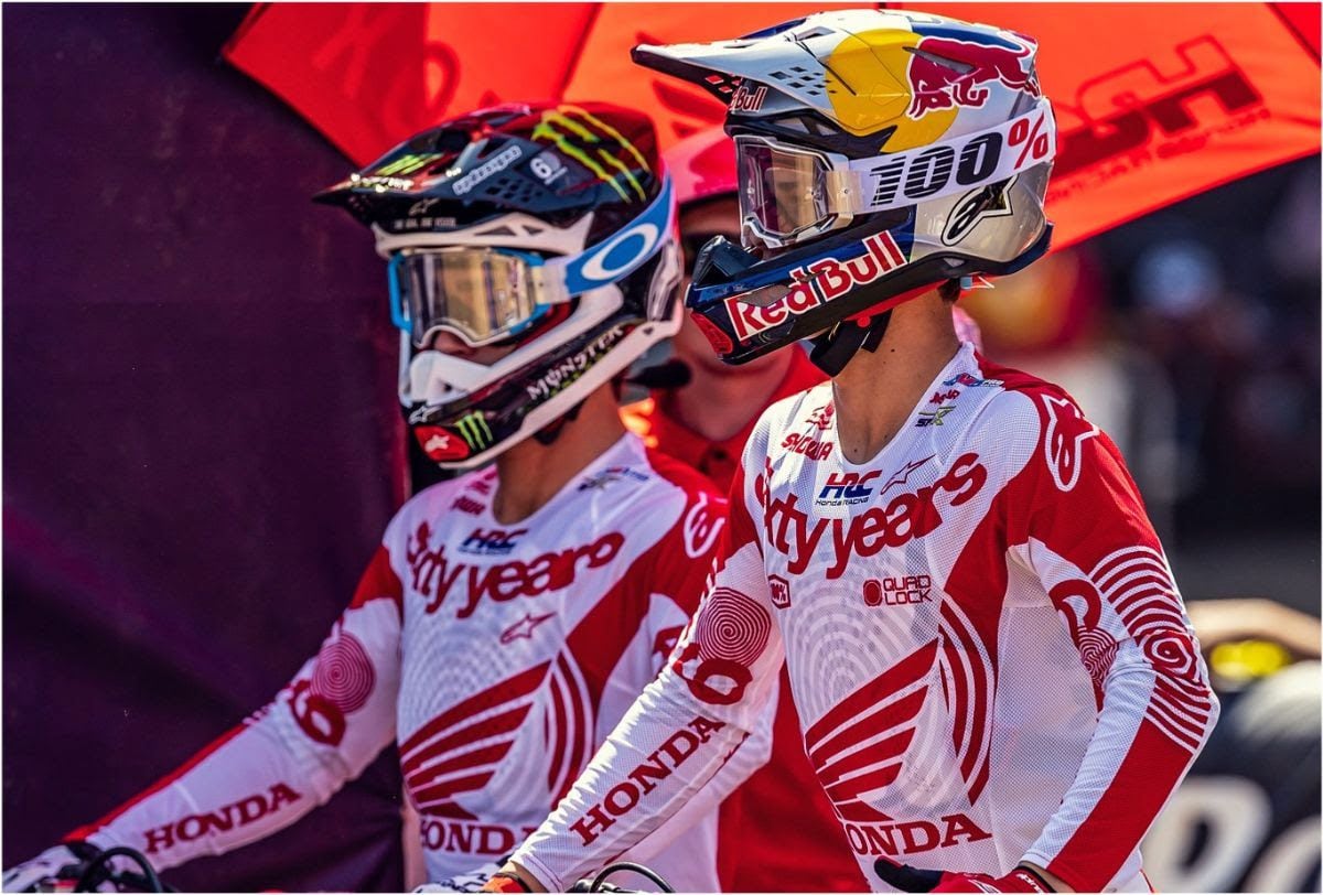 Chase Sexton and Jett Lawrence sporting special 60th anniversary gear at the SuperMotocross World Championship finals in LA.