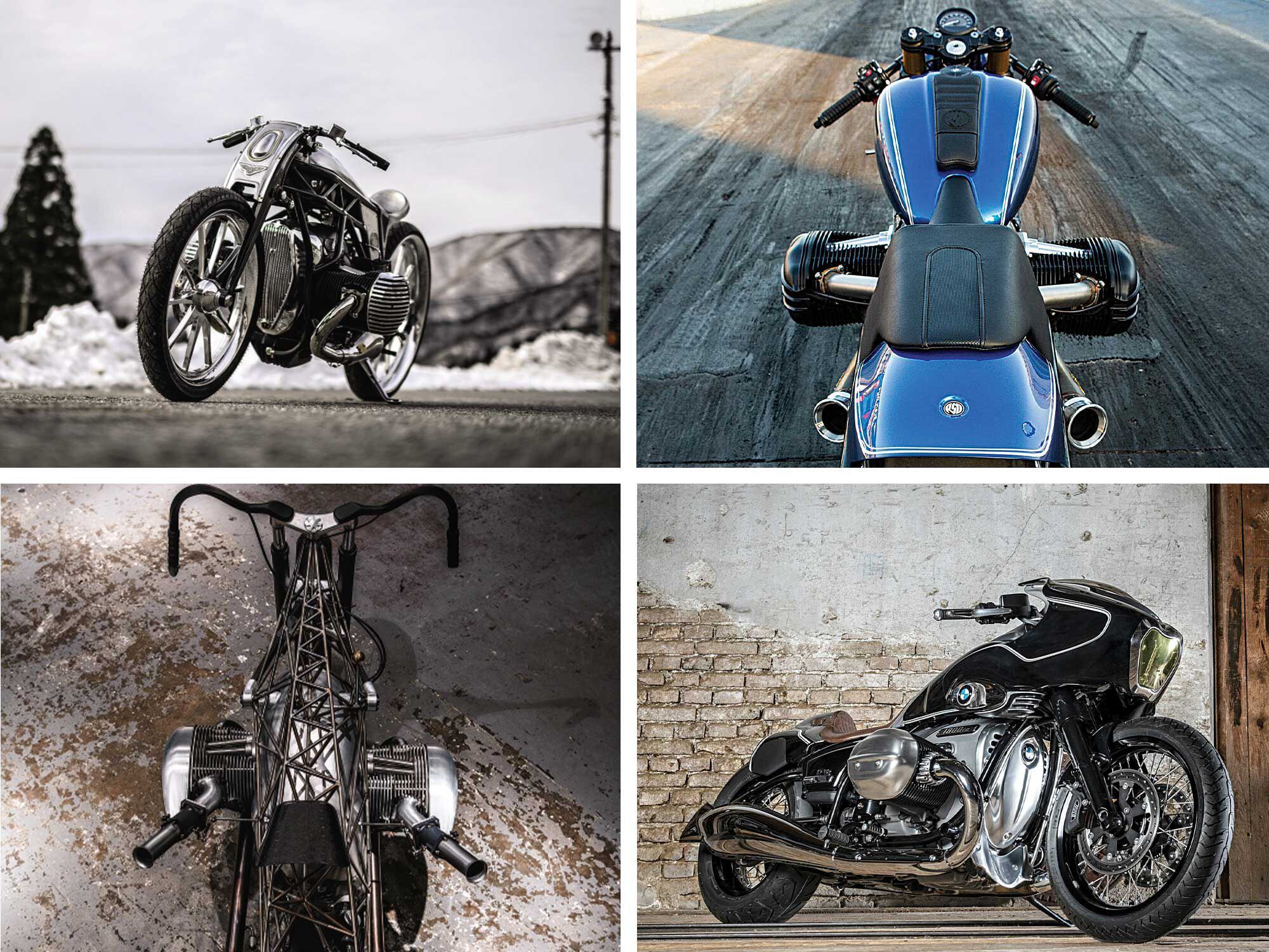 Clockwise from top left: Custom Works Zon’s Departed, Roland Sands’ Dragster, Blechmann’s R 18, and Revival Cycles’ Birdcage: four radically different customs used to herald the arrival of the 2021 BMW R 18.