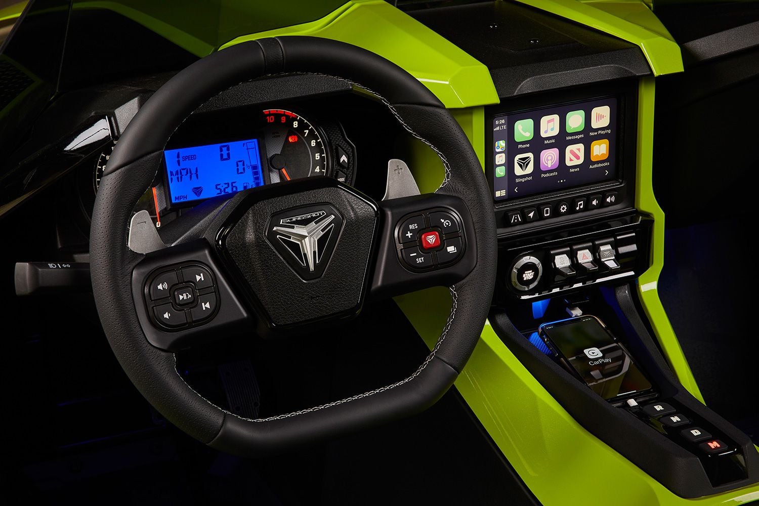 The interior of the Slingshot R Limited Edition features a 7-inch dash and Apple CarPlay.