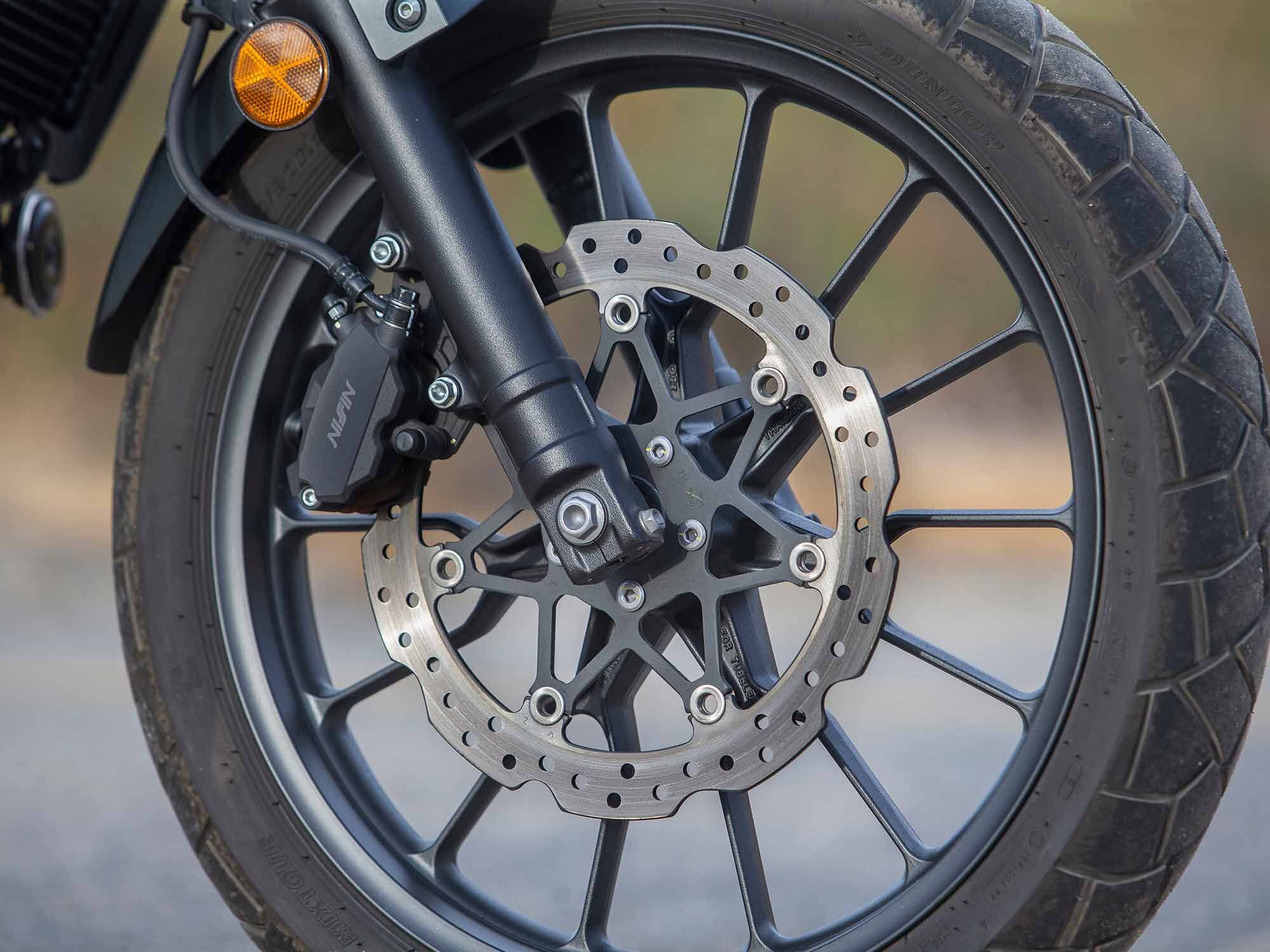 Both the front and rear brakes are not noticeably aggressive, but they do sufficiently bring the bike to a stop without drama.